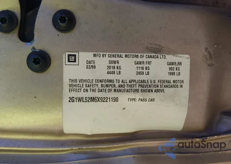 1999 Chevrolet Lumina Ls z USA, uszkodzony, nr VIN 2G1WL52M6X9221190